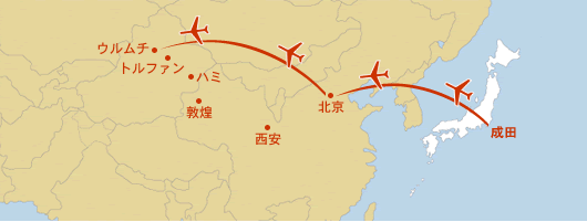 成田 → 北京 → ウルムチ → トンファン → ハミ → 敦煌 → 西安